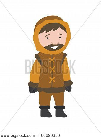 North Pole Arctic People. Polar Man Vector Illustration In Flat Style. Life In The North. Clothes Fo