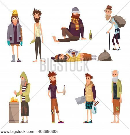 Set Of Homeless People. Sad Jobless People In Dirty Clothes Begging Money And Needing Help. Unemploy