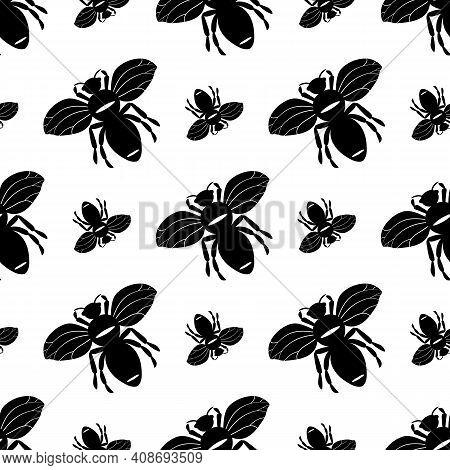 Seamless Pattern With Bees Silhouette On White Background. Adorable Cartoon Wasp Character. Template