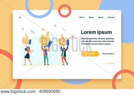 Tiny People Holding Thumbs Up Flat Vector Illustration. Cartoon Customers Or Clients Giving Support,
