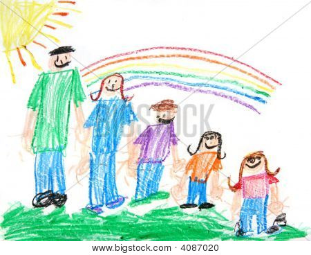 Kids Primitive oliekridt tegning af en familie