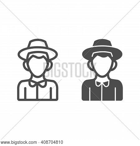 Farmer Boy Line And Solid Icon, Thanksgiving Day Concept, Peasant In Hat Sign On White Background, C