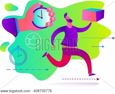 Illustration For An App, Infographic, Or Landing Page, With A Character: A Person Quickly Delivers A