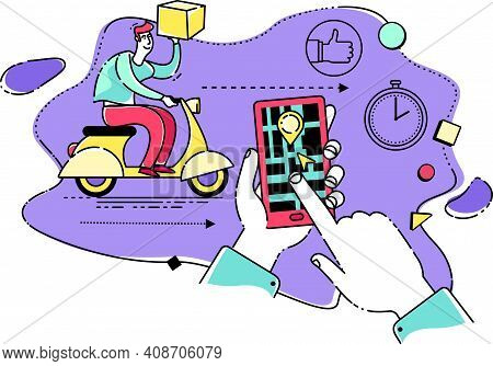 Illustration For An App, Infographic, Or Landing Page, With A Character: A Person Quickly Delivers A