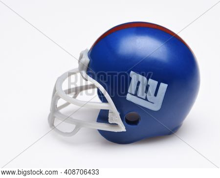 IRVINE, CALIFORNIA - SEPTEMBER 5, 2018: Mini Collectable Football Helmet for the New York Giants of the National Football Conference East.