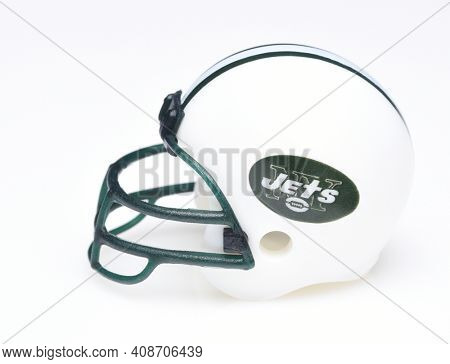 IRVINE, CALIFORNIA - AUGUST 30, 2018: Mini Collectable Football Helmet for the New York Jets of the American Football Conference East.