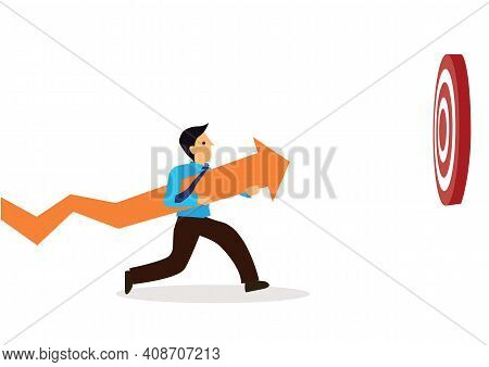 Young Businessman Running With A Arrow To His Target. Concept  Of Goal Setting. Flat Vector Illustra