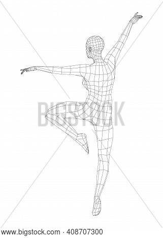 Wireframe Ballerina Or Dancer In Dance Pose. Vector 3d Rendering