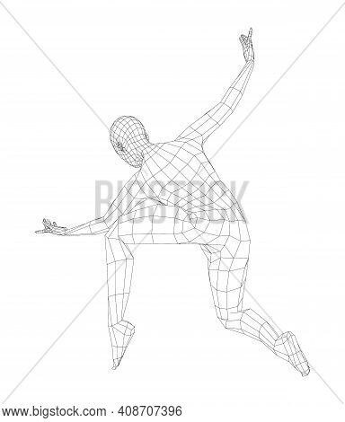 Wireframe Ballerina Or Dancer In Dance Pose. Vector 3d Rendering