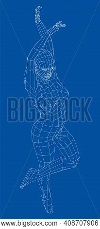 Wireframe Ballerina Or Dancer In Dance Pose. Vector 3d Rendering