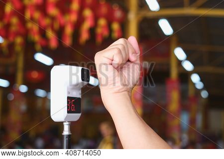 Palm Scan At Thermometer Scanner For Checking Body Temperature By Infrared Digital Thermometer For S