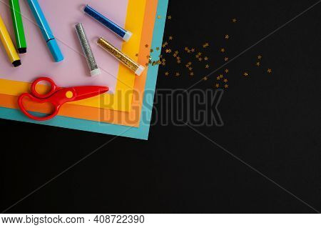 Diy Concept Banner With Copy Space. Sheets Of Dense Colored Boom Agi, Scissors, Sparkles.