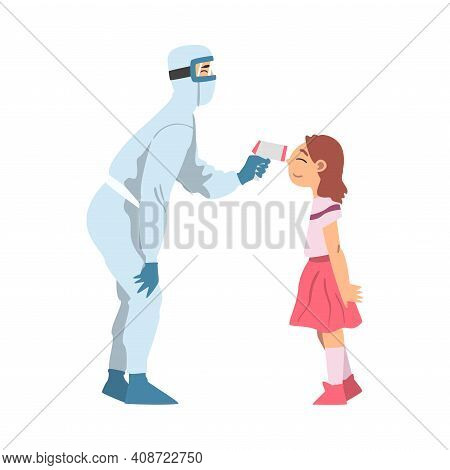 Doctor Measuring Temperature Of Little Girl Using Body Temperature Scanner, Medical Professional Che