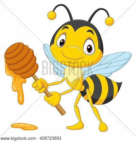 Vector Illustration Of Cartoon Cute Bee Holding Honey
