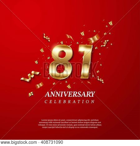 81th Anniversary Celebration. Golden Number 81 With Sparkling Confetti, Stars, Glitters And Streamer
