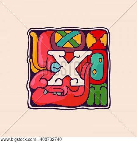 Letter X Logo In Aztec, Mayan Or Incas Style. Native American Symbol With Warrior Or God Face. Perfe