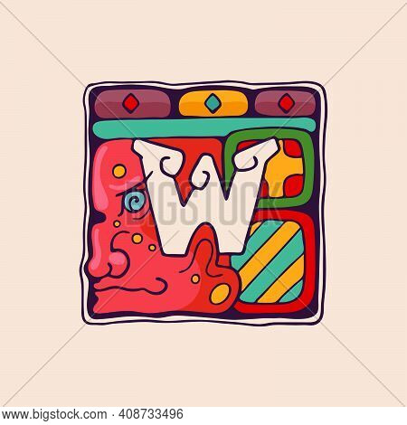 Letter W Logo In Aztec, Mayan Or Incas Style. Native American Symbol With Warrior Or God Face. Perfe