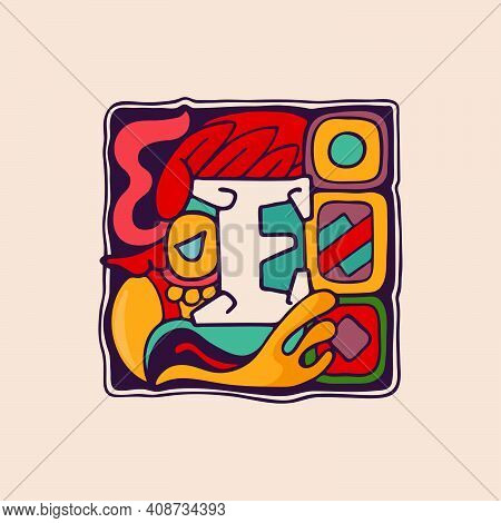 Letter E Logo In Aztec, Mayan Or Incas Style. Native American Symbol With Warrior Vulture Face. Perf