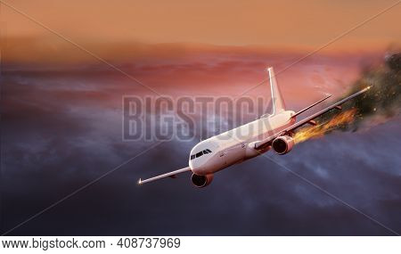 flying aircraft with exploding aero engine just before air crash