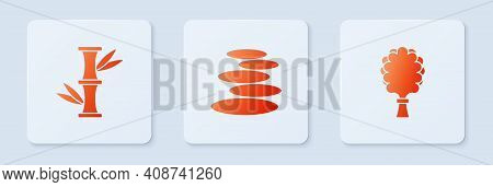Set Stack Hot Stones, Bamboo And Sauna Broom. White Square Button. Vector