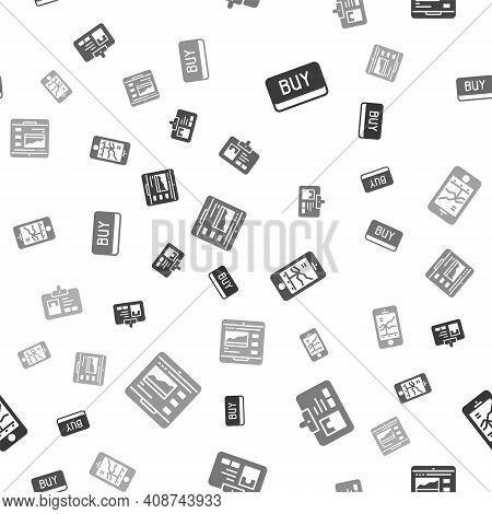 Set Buy Button, Identification Badge, Mobile Stock Trading And Trading Courses On Seamless Pattern. 