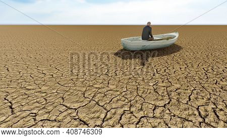 Concept or conceptual desert landscape with a man in a boat as a metaphor for global warming and climate change. A warning for the need to protect our environment and future 3d illustration