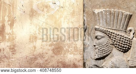 Ancient wall with bas-relief with assyrian warriors, Persepolis, Iran. UNESCO world heritage site. Horizontal background with embossed image persian bearded man. Mock up template. Copy space for text