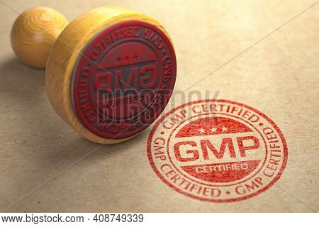 GMP Good Manufacturing Practice certified  stamp on craft paper. 3d illustration