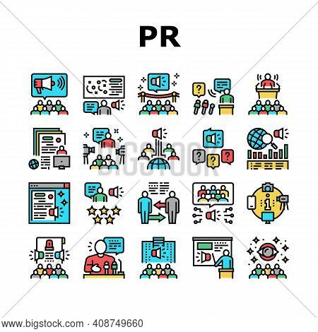 Pr Public Relations Collection Icons Set Vector. Pr Strategy And Events, Interview And Press Release