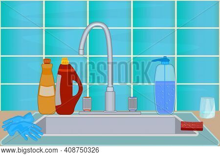 Kitchen Sink With Faucet, Dish Detergent, Soap, Gloves And Sponge. Cuisine With Tile Wall, Sink And 