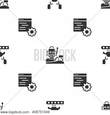 Set Robotic Robot Arm On Factory, Humanoid Driving Car And Computer Api Interface On Seamless Patter