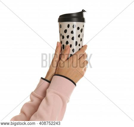 Woman Holding Elegant Thermocup On White Background, Closeup