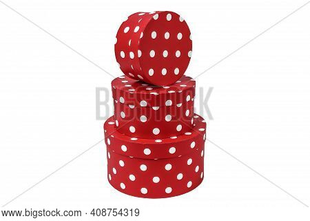 Red With White Peas Gift Boxes Set For Flowers Isolated On White Background