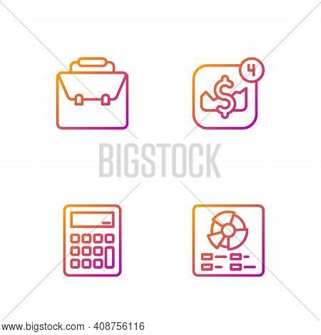 Set Line Pie Chart Infographic, Calculator, Briefcase And Mobile Stock Trading. Gradient Color Icons