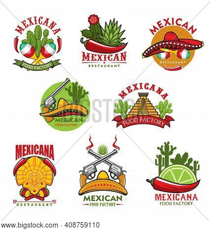 Mexican Restaurant Vector Icons, Cartoon Emblems With Traditional Symbols Of Mexico. Cacti, Jalapeno