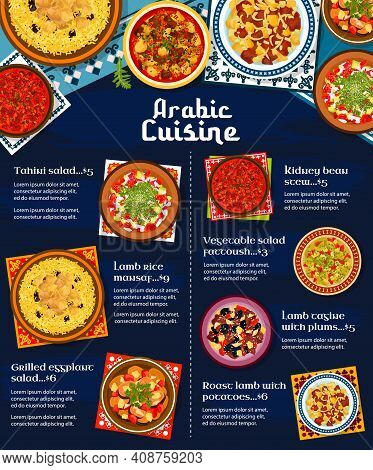Arabic Cuisine Restaurant Menu Cover. Tahini And Grilled Eggplant Salad, Lamb Meat Rice Mansaf, Tagi