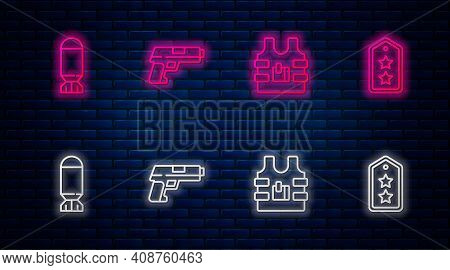 Set Line Pistol Or Gun, Bulletproof Vest, Aviation Bomb And Military Rank. Glowing Neon Icon On Bric