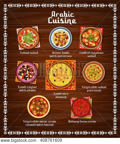Arabic Food Restaurant Menu Template. Kidney Bean And Meat Stew Tharid With Bread, Grilled Eggplant,