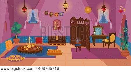Traditional Middle Eastern Living Room Interior With Wooden Furniture And Decoration Elements:lanter