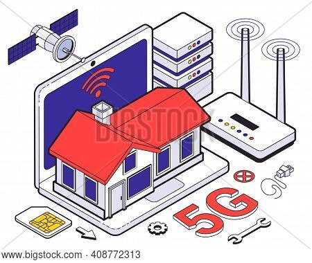 Web Hosting Isometric Five G Composition With Wireless At Home Network And Cloud Services For Work V