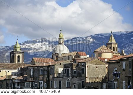 Panoramic View Of The Roofs And Domes Of Sant'agata Dè Goti, A Medieval Town In The Province Of Bene