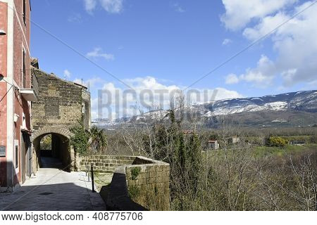 A Street With A Panoramic View In A Medieval Town In The Province Of Benevento, Italy.