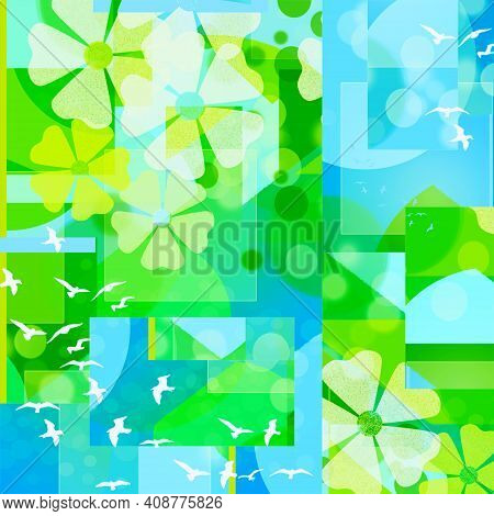 Abstract Geometric Background With Flowers, Circles, Rectangles, Squares And Stripes