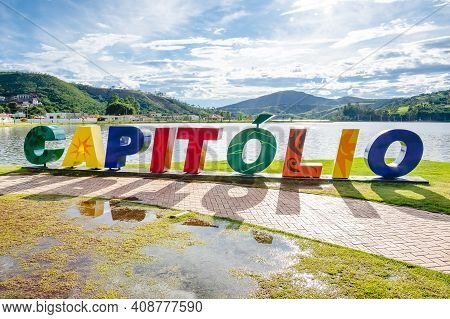 Capitólio - Mg, Brazil - December 08, 2020: Landmark With A Totem With The Name Of The City, Tourist