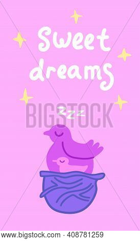 Illustration Of Cute Bird With Baby Bird Sleeping On Nest.