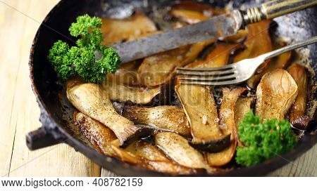 Fried Eringi Mushrooms In A Pan. Appetizing Mushrooms. Vegan Lunch.