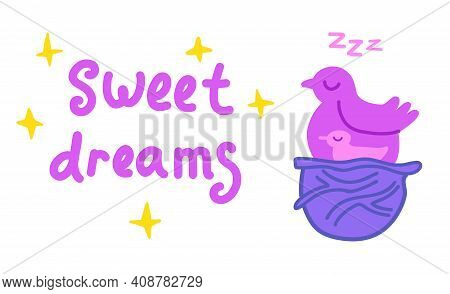 Sweet Dreams Wish Card With Two Cute Birds Sleeping In Nest.