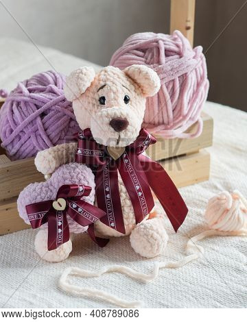 Crochet Knitting Cute Beige Bear Holds Knitted Heart, Handmade Toy