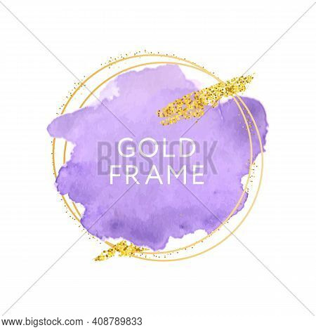 Violet Pupur Pink Brush Strokes And Gold Frame. Abstract Vector Watercolor Background.