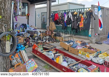 Novi Sad, Serbia - June 3, 2018: Stand With Second Hand Items For Sale At Flea Market In Novi Sad, S
